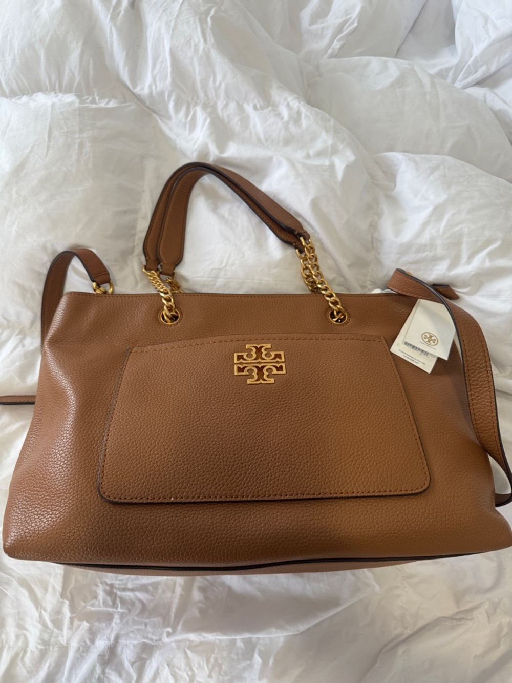 NWT Tory Burch Britten Tote | Tan Pebbled Leather | Gold Chain | Never Used